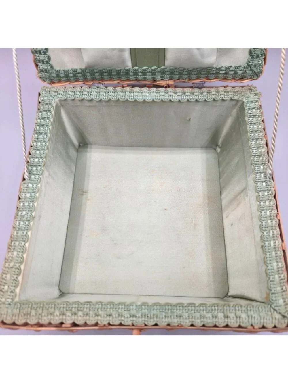 Vintage Woven Sewing Basket Hinged Lid Mid Century Green Satin Lining Cottage